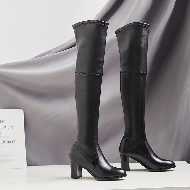 EGONERY Brand design high quality pointed toe high heels shoes new fashion leather Knee high boots plus size long boots