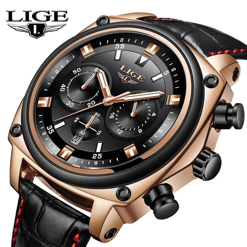 

LIGE Fashion Men WatchTop Brand Luxury Large Dial Business Casual Leather Quartz Watches Mens Military Waterproof Sports Watches