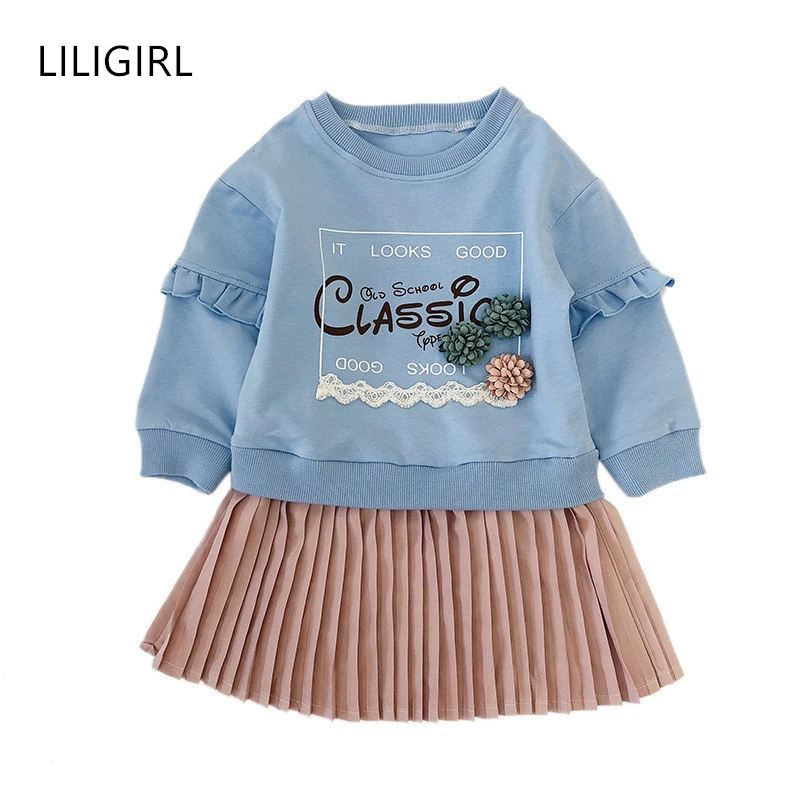 Детское платье LILIGIRL синее с капюшоном и надписью для девочек на весну