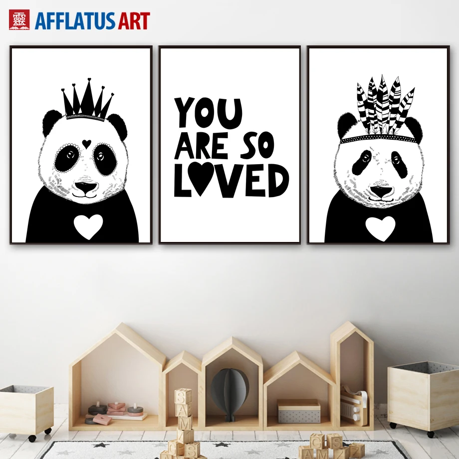 

Crown Panda Love Quotes Cartoon Nordic Posters And Prints Wall Art Canvas Painting Black White Wall Pictures For Kids Room Decor