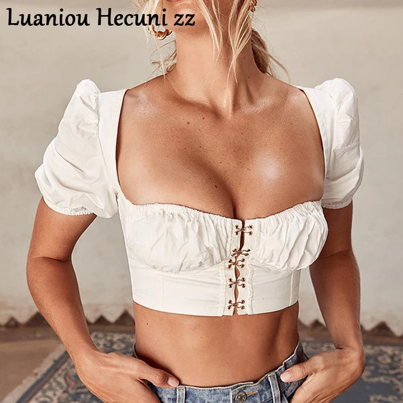 

Chu Ni Sexy low cut square collar crop tops women Summer puff sleeve white tank top Elastic slim short top black t shirts LS34