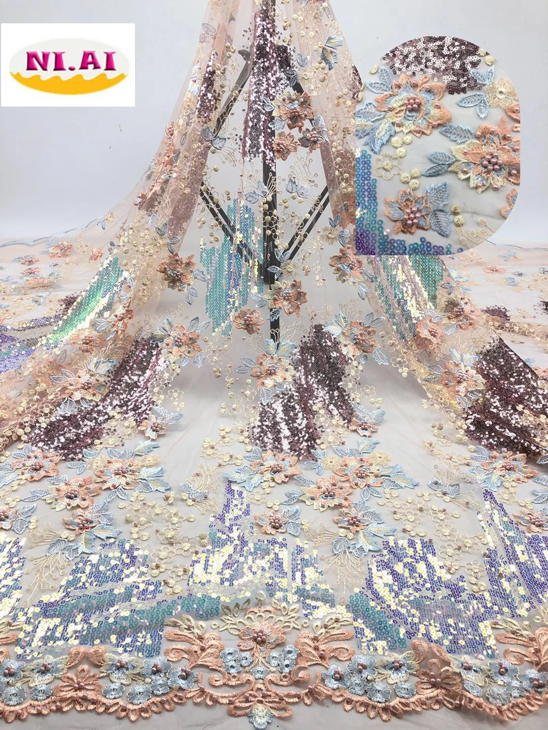 

African Beaded Lace Fabric Embroidered Nigerian For Wedding 2019 High Quality Lace French Tulle Lace Fabric With Sequins NI1816