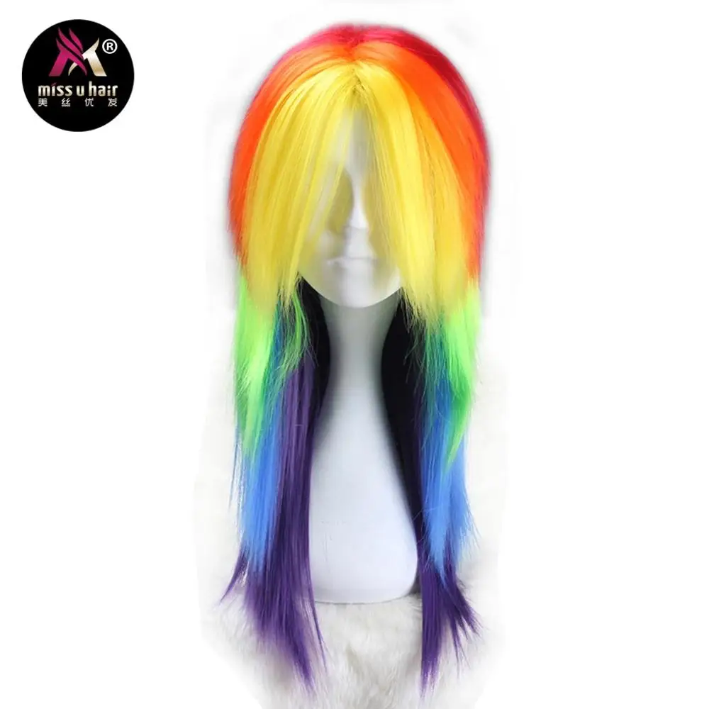 Miss U волосы синтетические девушки унисекс 60 см длинные прямые волосы цвет радуги Хэллоуин косплей костюм парик с коготь хвост комплект - Цвет: Многоцветный