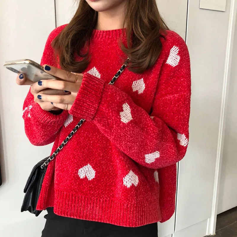 

Autumn Winter New Women Elegant Casual Peach Heart Pattern Pullovers And Sweaters Tricot Pull Femme