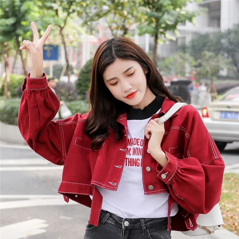 Crop Jacket Women Long Sleeve Denim Bomber Jackets Cause Loose Single Breasted Jean Jackets Female Red Yellow White Coats Jacket
