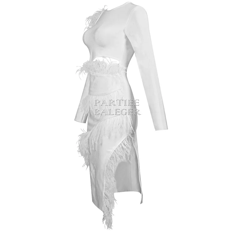 Новое поступление шикарное белое платье дизайн перо с длинными рукавами Сексуальное Сплит Клубная одежда Платье знаменитостей Бандажное платье-миди
