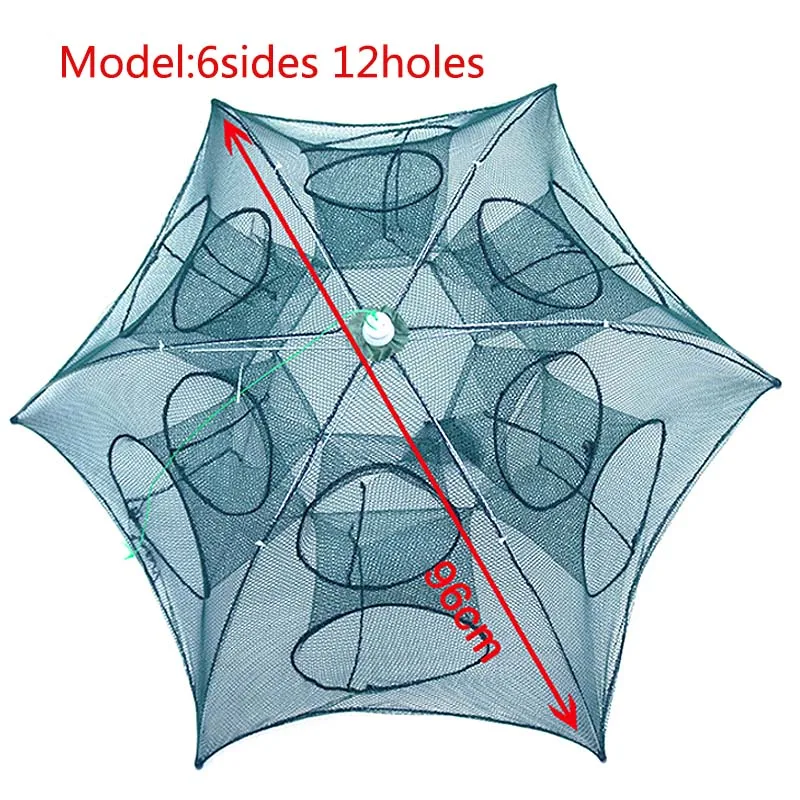 Складной Портативный 4/6/8/10 отверстий Автоматическая рыболовная креветка Ловушка рыболовная сеть Рыба Креветки Минноу краб приманки Литой сетки ловушка для продажи - Цвет: 6 sides 12holes 96cm
