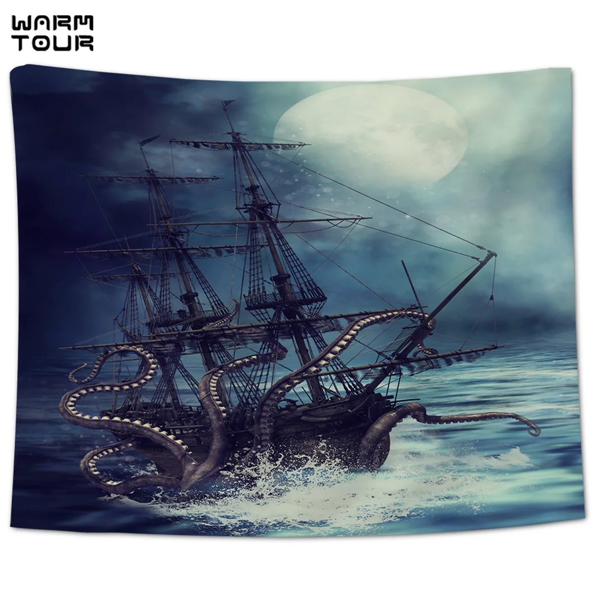 WARMTOUR Tapestry Pirate Monster Octopus Water Night Moon Boat Sailing Wall Tapestry Home Decor Polyester  Beach Towels