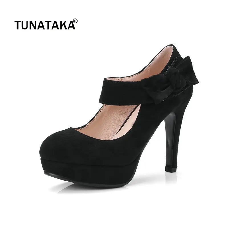 

Faux Suede Platform Thin High Heel Woman Pumps Fashion Bow Knot Dress High Heel Shoes Woman Black Red