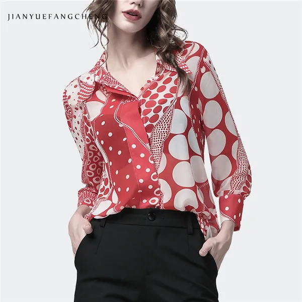Женская рубашка, набор шарфов, шифоновый топ с принтом, длинный рукав, отложной воротник, плюс размер, летняя женская уличная офисная рубашка - Цвет: Red