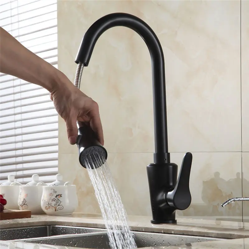 360 Swivel Spout 2 Modes Black Kitchen Faucets Pull Out Modern Sink Faucet Beige Deck Mounted Single Handle Mixer Tap GYD-7118R