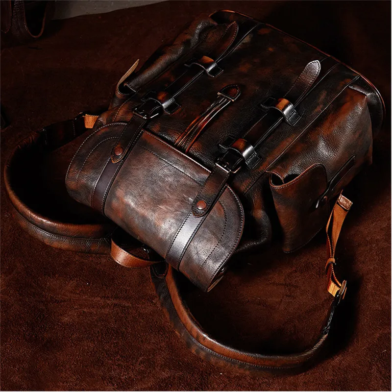 Luxurious Dark Brown Men's Cow Leather Backpack in Simple Military Style image 3