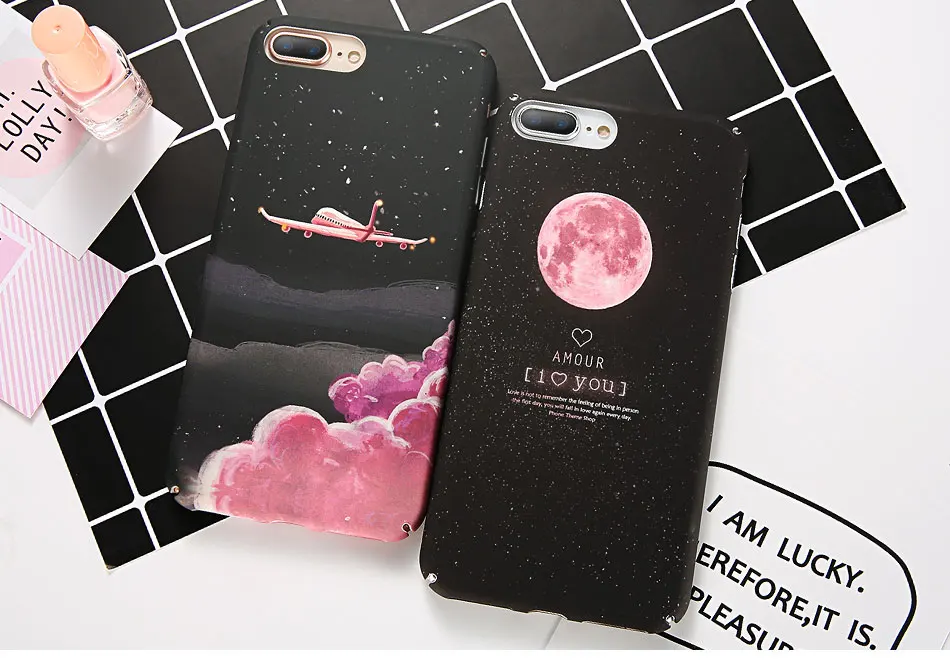 DOEES Hard Phone Case For iPhone 5 5S SE 6 6S 7 7 Plus X Cover Case Cute Plane Moon Pattern Girl Matte For iPhone7 Plus X Case (8)