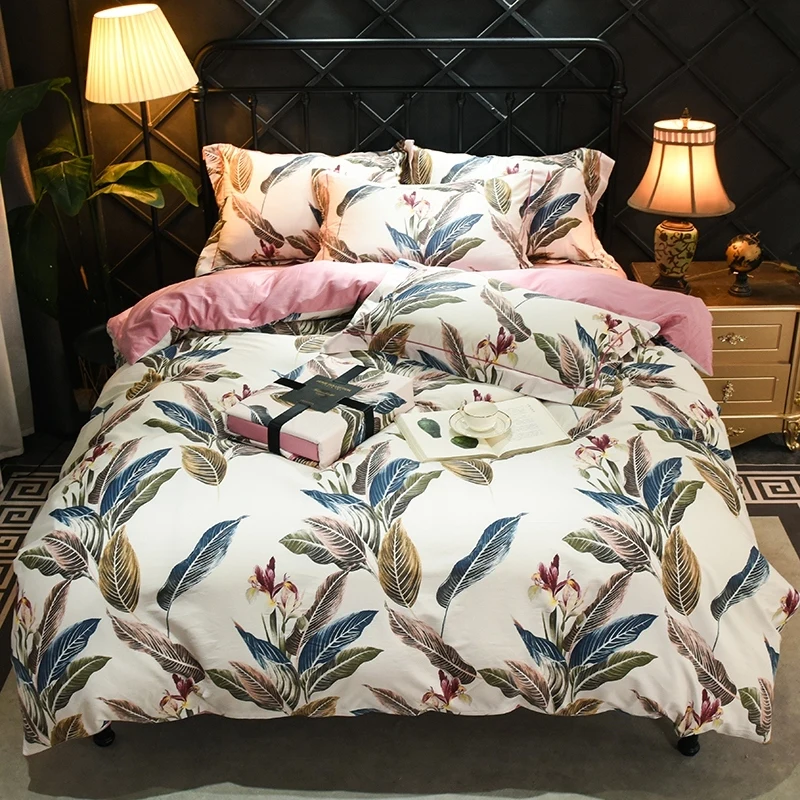 cheap Soft Silky Egyptian Cotton Twin Queen King size Bedding set Bed sheet set Leaves Floral Bloom Colorful Duvet Cover Bed set 4Pcs