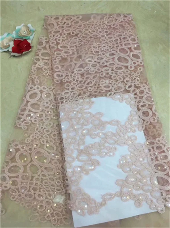 

High Quality Yellow Nigerian Mesh Lace Fabrics 2019 African French Guipure Lace Fabric With sequins Embroidered Lace Dress Pink