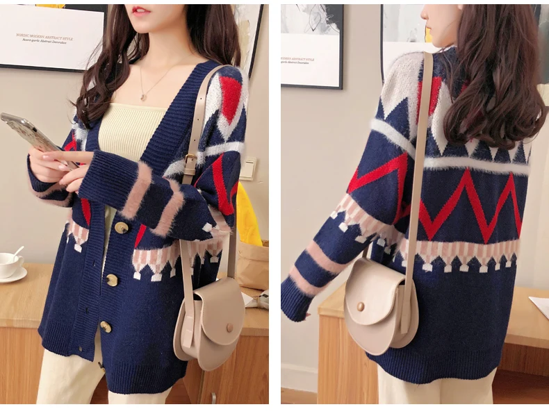 Геометрический женский кардиган однобортный вязаный жакет пальто корейский ленивый свитер зимняя одежда