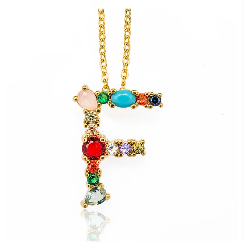 

Rainbow 26 letter fashion gold necklace micro clip CZ cubic zirconia AZ letter initials pendant ladies jewelry #FFF
