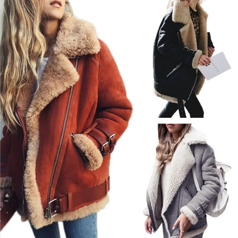 

Women Winter Faux Suede Zipper Up Biker Jacket Thicken Lining Motorcycle Coat Notched Lapel Collar Bomber Overcoat Outwear