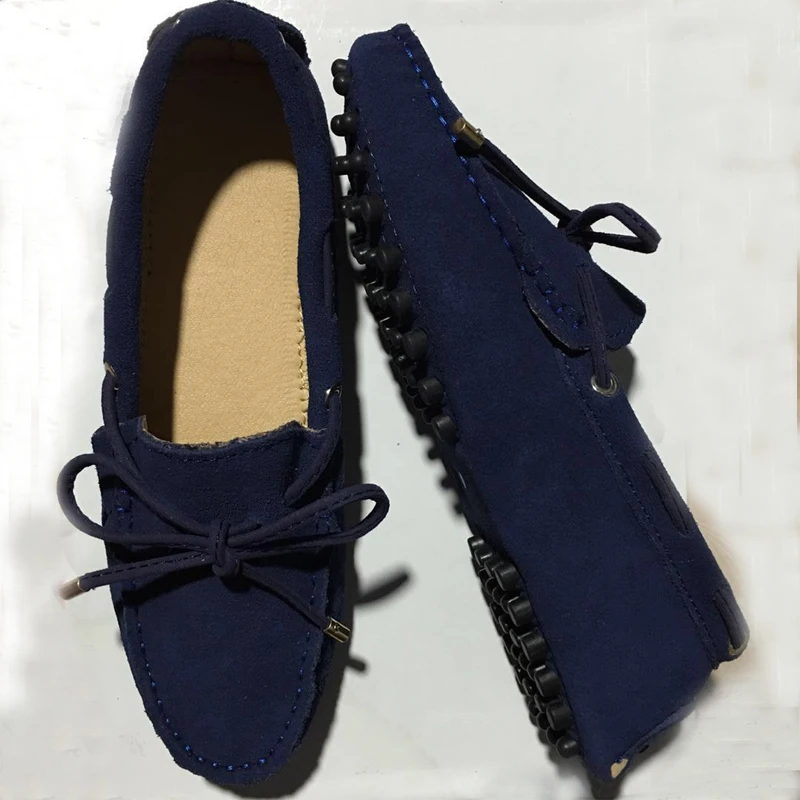 Женская обувь из натуральной кожи; женская обувь на плоской подошве; повседневные Лоферы без застежки; женские мокасины; женская обувь с бантом-бабочкой - Цвет: Deep Blue