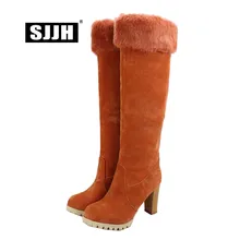 SJJH/женские сапоги до колена из нубука с круглым носком, не сужающийся книзу массивный мех, длинные ботинки «Челси» модная повседневная обувь Большие размеры Q369