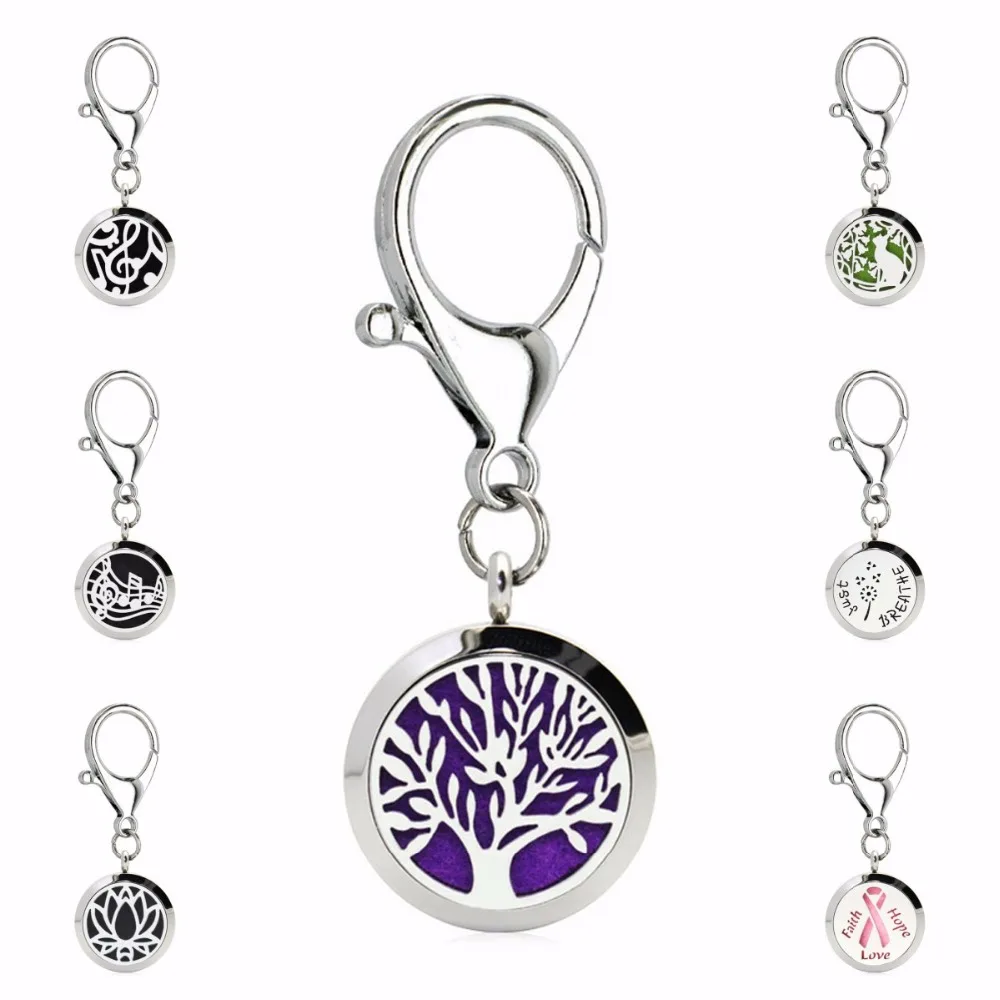 

Tree of Life Lotus Flower Ribbon 25mm 316L Stainless Steel Aromatherapy Perfume Diffuser Locket Keyrings Keychain Locket 10 Pads
