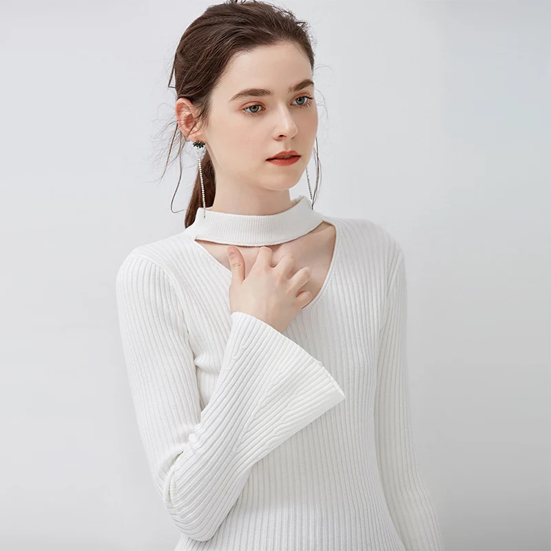 GOPLUS 2019 Fashion Winter Knitted Sweater Women Solid Sexy Halter Neck Flare Sleeve Sweater Female Pullover Casual Sweater Top