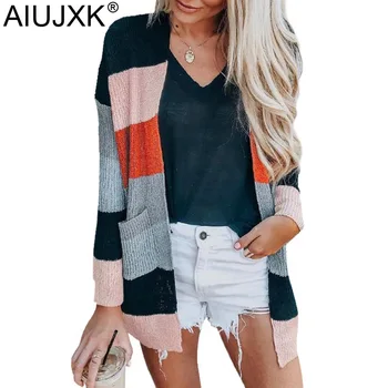 

AIUJXK 2019 New Arrival Fashion Striped Cardigan Women Autumn Winter Long Sleeve Knitted Loose Rainbow Sweaters Casual Coat