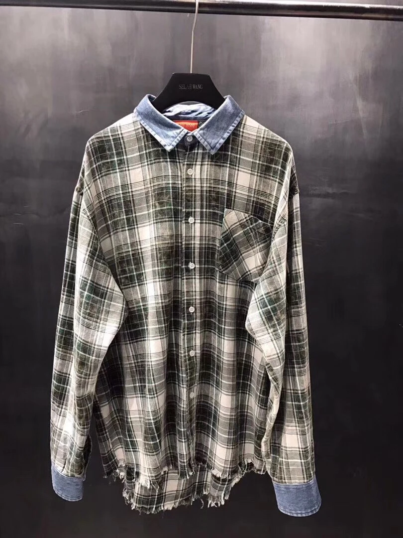 men Casual raw edge Denim Collar plaid flannel shirt in Casual Shirts