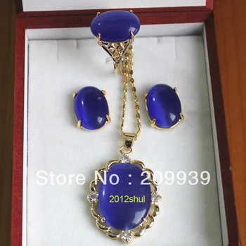 

huij 0080 free ship Stunning Blue opal jade 18K GP Pendant Earring Ring Jewellery set