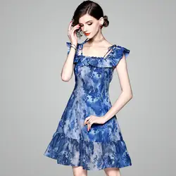 OYCP 2018 летнее Новое синее платье для женщин высокого качества повседневное ТРАПЕЦИЕВИДНОЕ ПЛАТЬЕ длиной до колена 80770