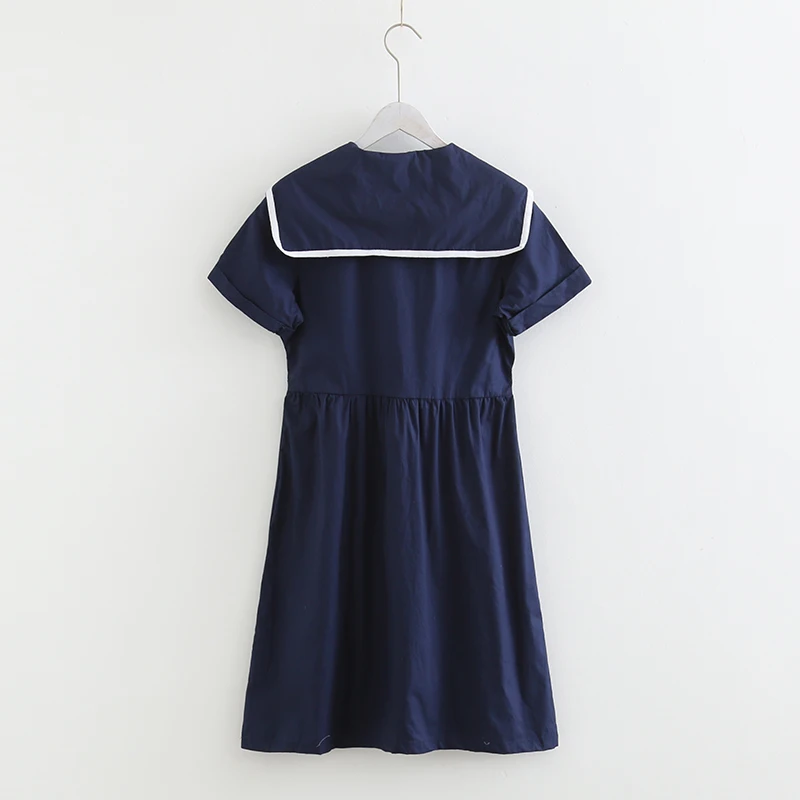 KYQIAO летнее платье Мори девушки Лето японский стиль kawaii короткий рукав; моряк воротник темно-синий цельное платье