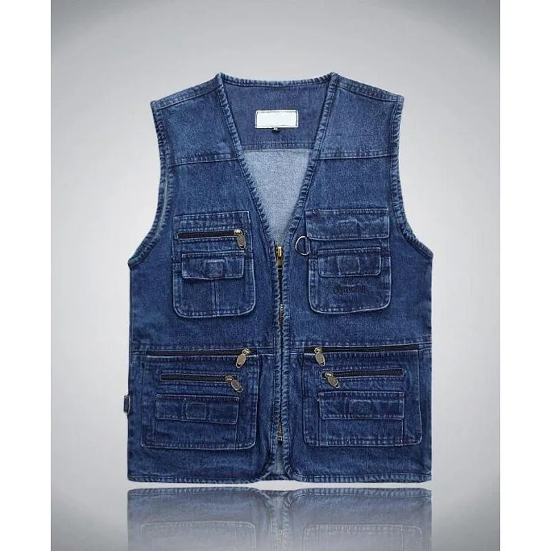New Male Denim Vests Men 3XL 4XL 5XL Vest Mens Outdoors Cotton Multi Pocket Sleevless Jean