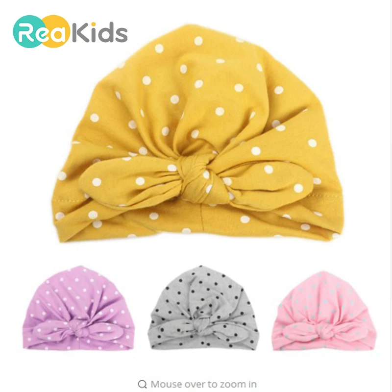 

REAKIDS Sweet Dot Baby Girl Hat with Bow Candy Color Baby Turban Cap for Girls Elastic Infant Accessories