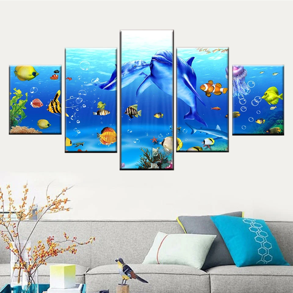 

5 pieces of underwater world painting print dolphin coral reef fish poster wall art canvas picture living room decoration frame
