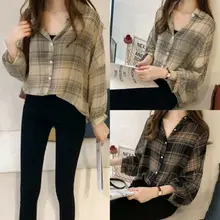 Womens Plaid Long Sleeve Loose Blouse Casual Shirt Summer Tops Plus Size T-Shirt Womens Plaid Long Sleeve Loose Blouse Casual Shirt Summer Tops Plus Size T-Shirt