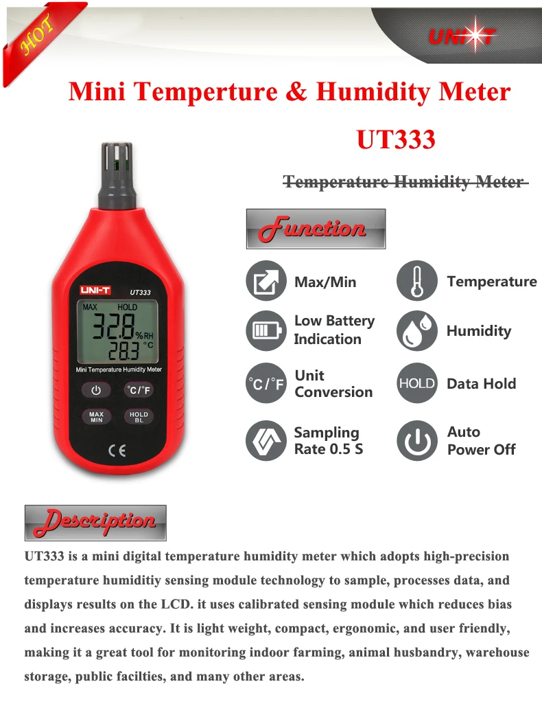 UNI-T, электронный мини Измеритель температуры и влажности UT333, домашний, закрытый, уличный термометр, гигрометр, цифровой ЖК-дисплей