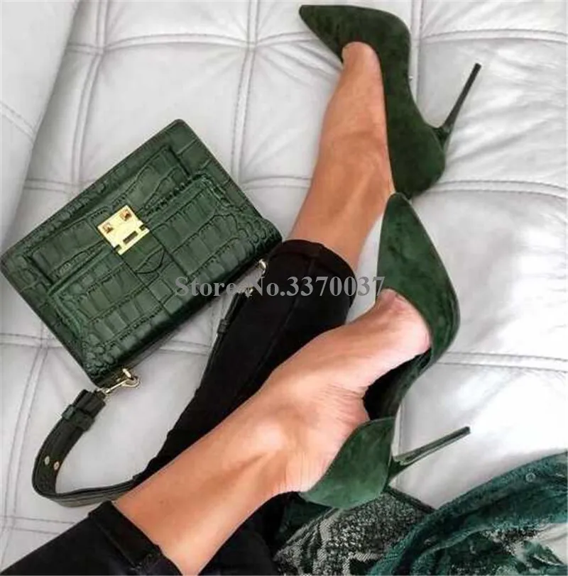 Women Classical Style Pointed Toe Dark Green Suede Leather Stiletto Heel Pumps Slip-on High Heels Formal Dress Shoes Wedding