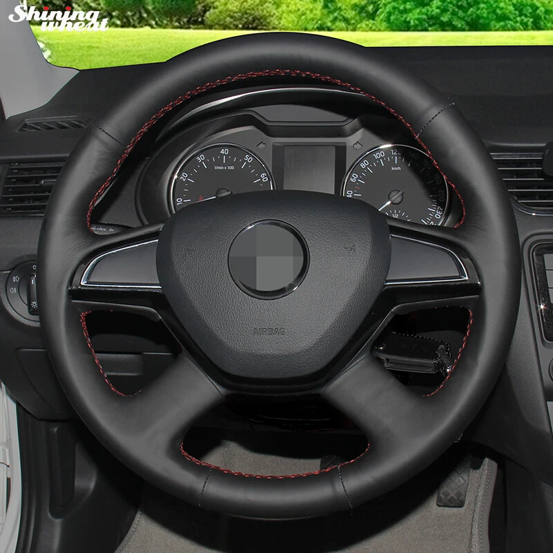 Блестящий пшеничный черный кожаный чехол рулевого колеса автомобиля для Skoda Octavia-16 Fabia Rapid 2013-15 Superb 2013- Yeti
