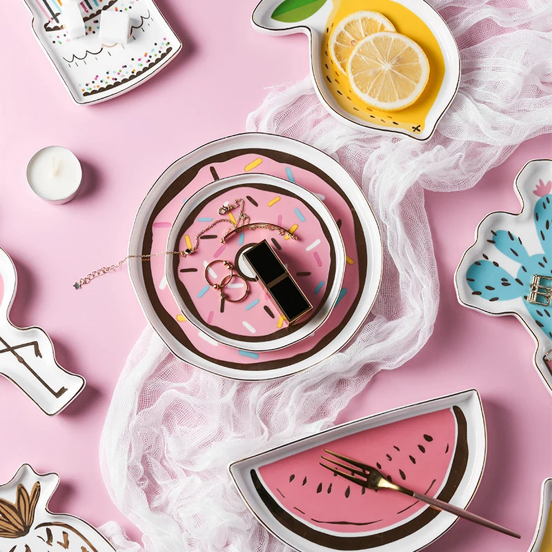 Ceramic Dessert Plates Small Donut Flamingo and Monstera Decorative Porcelain Dish Candy Fruit Jewelry Storage Tray