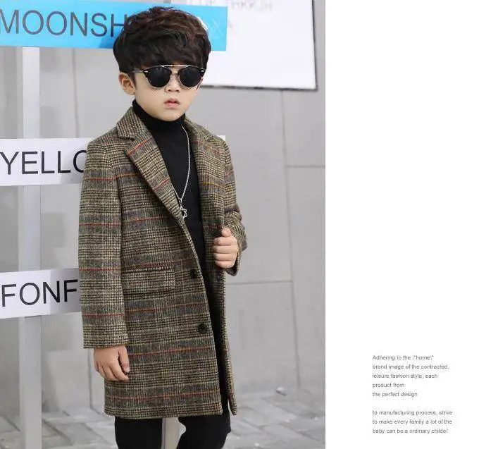 Autumn Winter New Kids Boys Thick Warm Plaid Wool Blends Coats Children Clothes Boys Woolen Long Jacket Outwear F22