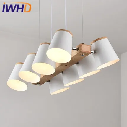 

IWHD 8 Heads Wood Hanging Lights Led Pendant Light Fixtures Fashion Kitchen Bedroom Hanglamp Iron Suspension Luminaire Lustre