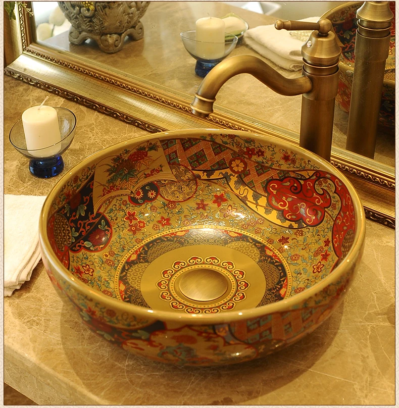 Chinese Cloakroom Counter Top porcelain wash basin bathroom sinks ceramic art round bowl sink (5)