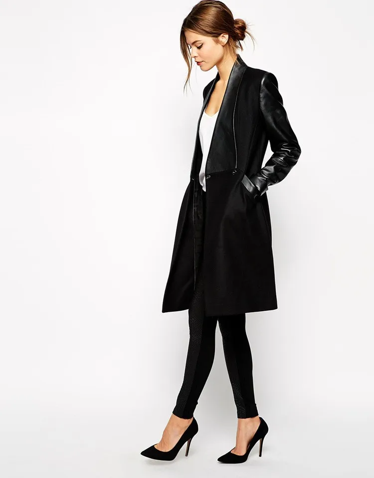 Бренд Для женщин пальто-тренчи осень-зима из искусственной кожи костюм из лоскутов воротник тонкий длинный пальто черное шерстяное пальто, верхняя одежда