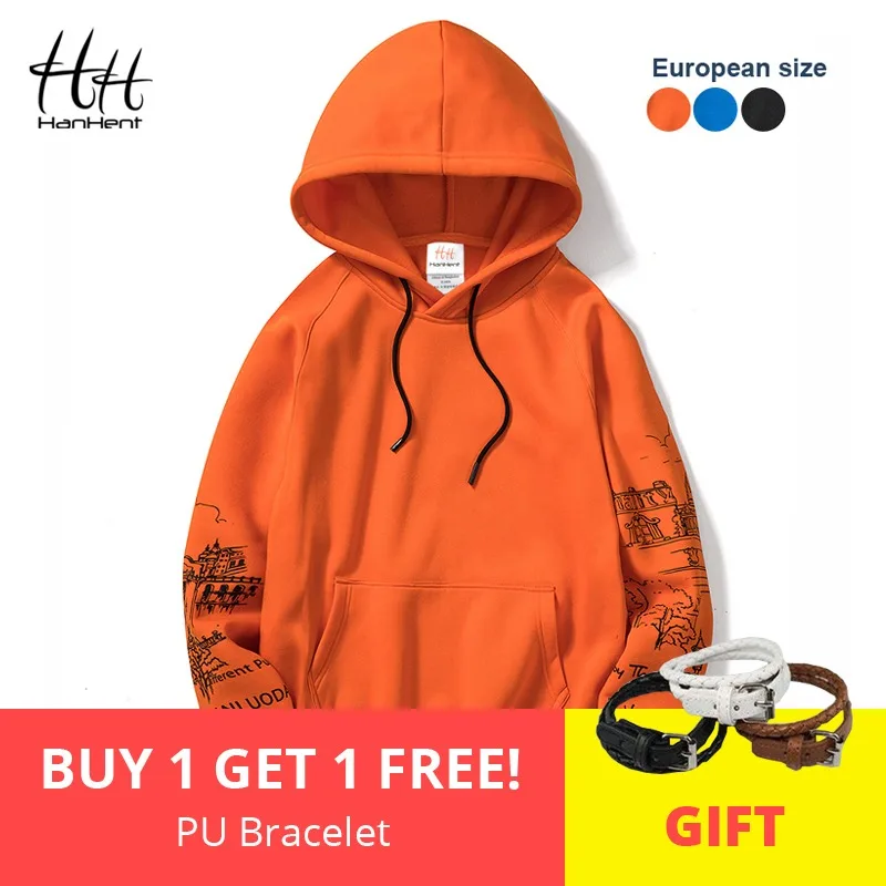 

HanHent Sleeve with Pattern Hoodies Men Streetwear Hooded Pullover Orange Hoodie 2018 Fashion Trend Hip Hop Sweatshirts Male