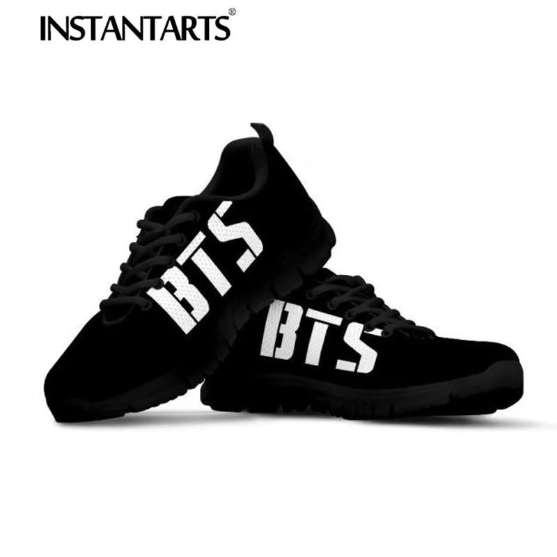 

INSTANTARTS Men BTS Sneakers Breathable Air Mesh Male Black Flats Shoes 3D Kpop BTS Print Teenager Boy Man Lace Up Walk Sneaker