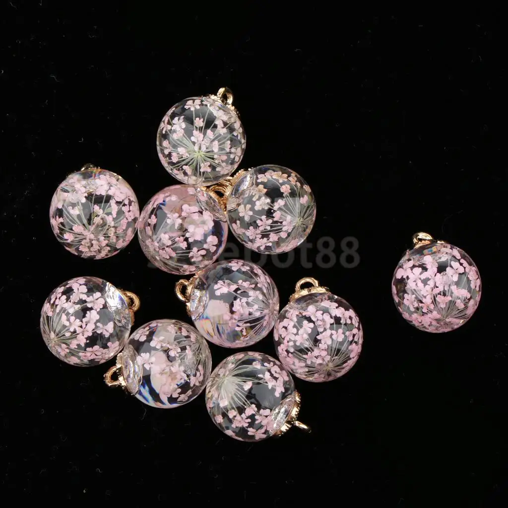 10pcs Dried Flower Glass Ball Pendant with Flower Cap DIY Earring Dangle Craft Findings Loose Beads