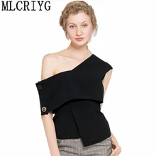 Высокое качество Для женщин с открытыми плечами рубашка с полосатым принтом на одно плечо модные черные пикантные Топ ascymmetrical v-образным вырезом Новое поступление YQ200