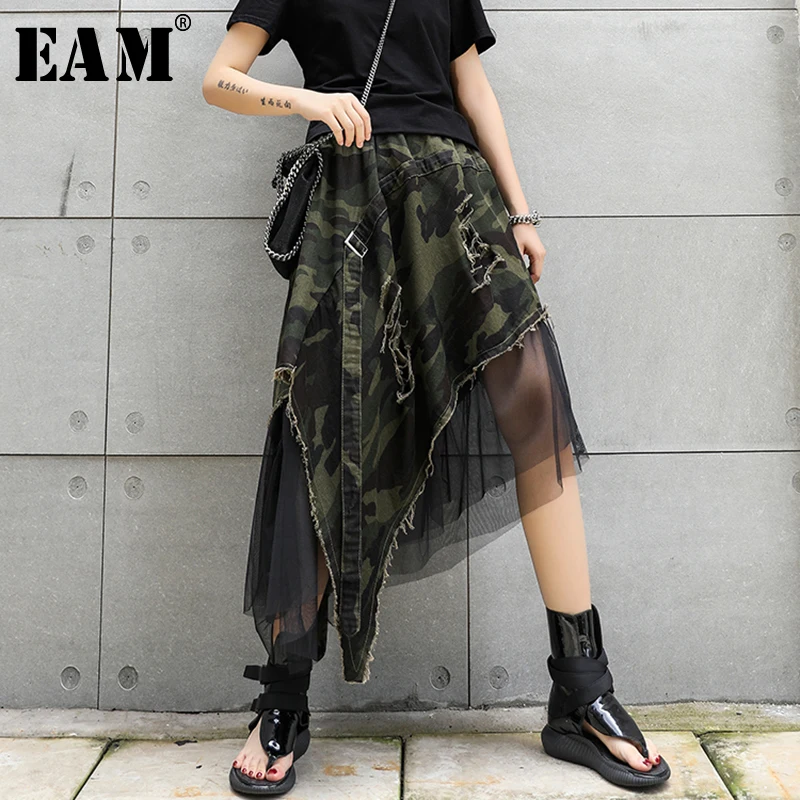 

[EAM] 2019 New Spring Summer High Elastic Waist Camouflage Irregular Mesh Personality Half-body Skirt Women Fashion Tide JW294