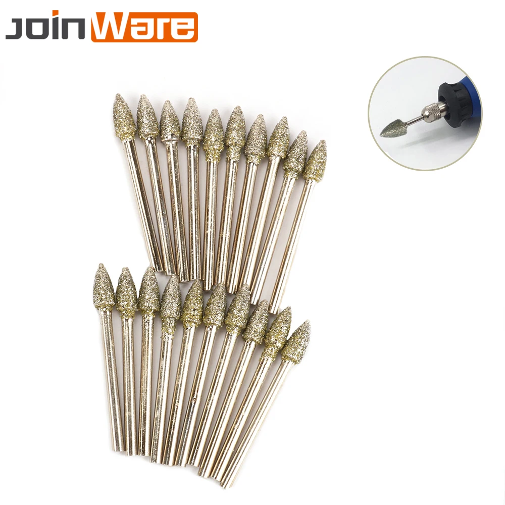 20Pcs 3MM Shank Cone Shape Diamond Coated Grinding Head Drill Engraving