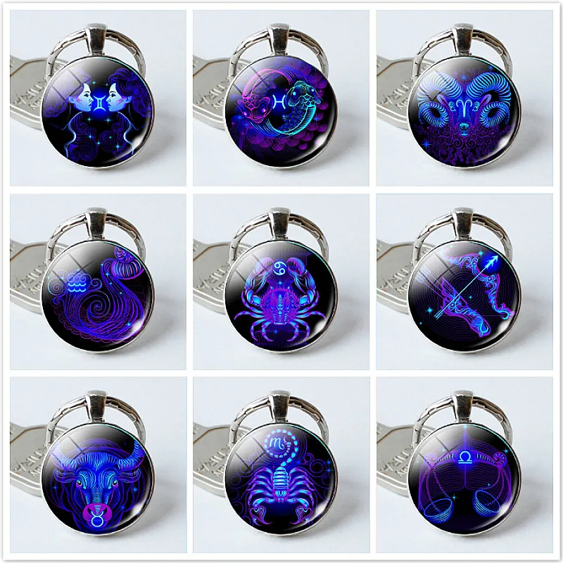 

Zodiac Sign Keychain 12 Constellation Leo Virgo Libra Scorpio Sagittarius Pendant Double Face Keyring Key